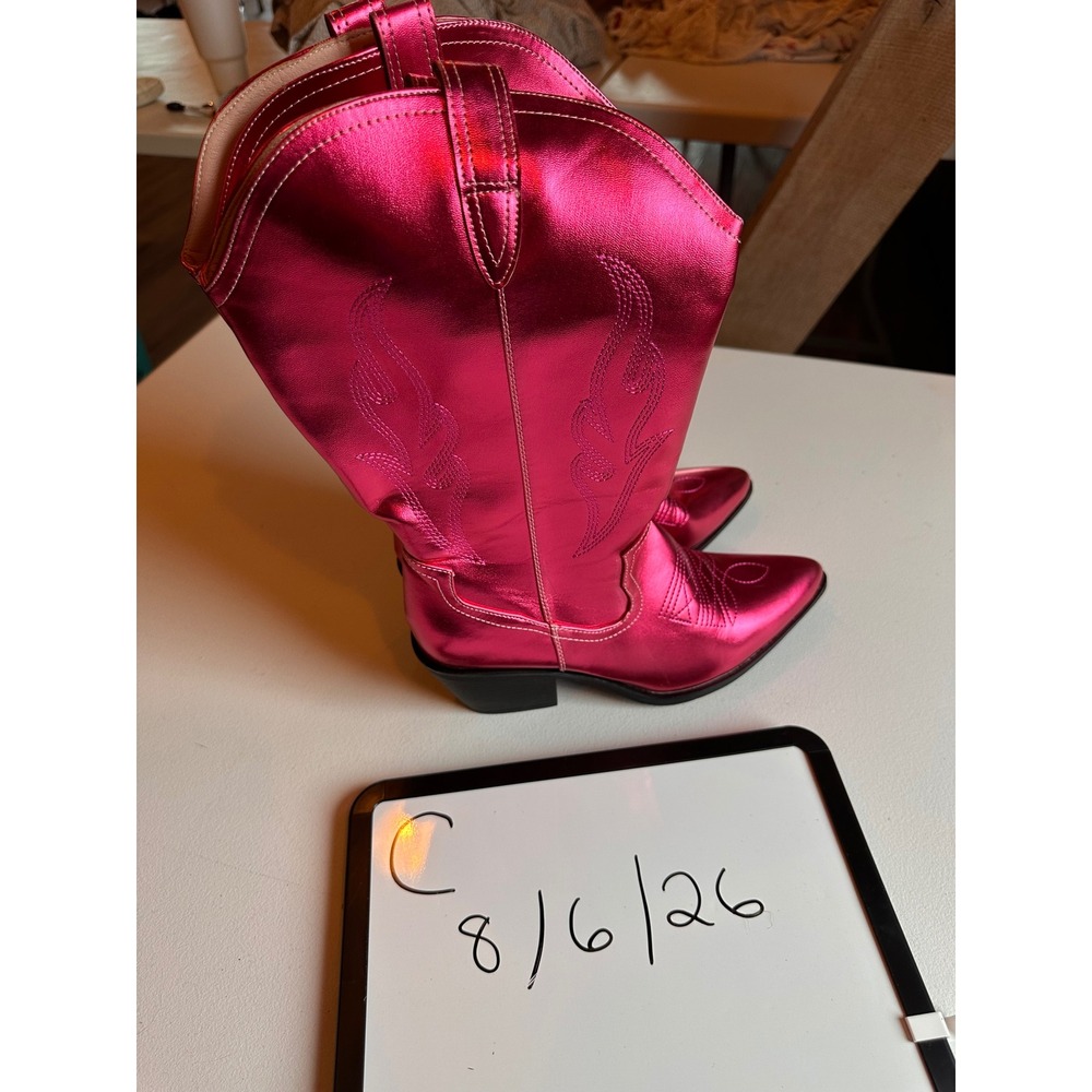 Metallic Pink Cowboy Boots Womens Fuchsia Western Pointed Toe Block Heel Size 10